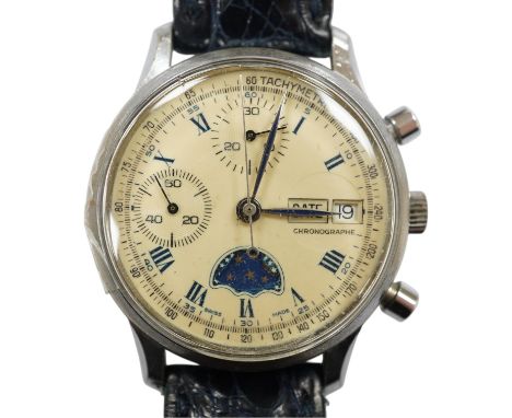 A gentleman's stainless steel calendar moonphase chronograph manual wind wrist watch, case diameter 36mm, on a later associat