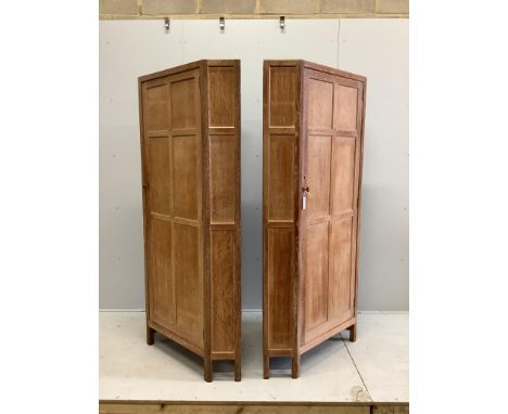 Heal & Son Ltd, a pair of bleached oak corner wardrobes, width 94cm, depth 53cm, height 182cm. Condition - fair to good One h
