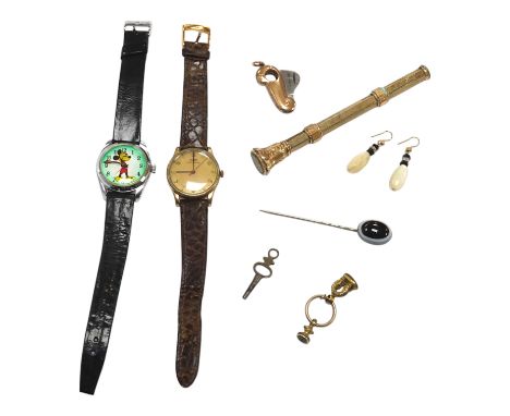 Assorted jewellery including a George V 9ct gold mounted cigar cutter, stick pin and propelling pencil and two gentleman's wr