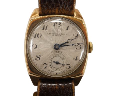 A gentleman's 1930's yellow metal Rolex manual wind wrist watch, retailed by Croydon &amp; Sons, Ipswich, with Arabic dial an