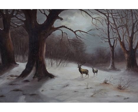 H E Austin, oil on canvas, Snowy winter landscape with two deer, signed, 27 x 40cm. Condition - good