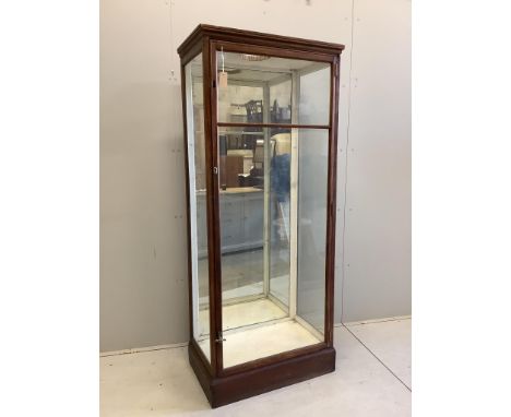 An early 20th century mirrored oak shop display cabinet, width 80cm, depth 47cm, height 189cm. Condition - poor, top has been
