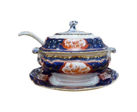 A Victorian Booths pottery iron red, blue and gilt soup tureen, cover, stand and ladle. Condition - good