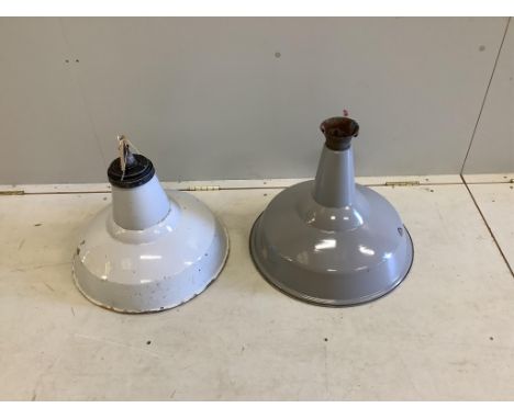 Two vintage Industrial enamelled metal ceiling lamps, larger 48cm diameter, height 38cm. Condition - fair but both have chips