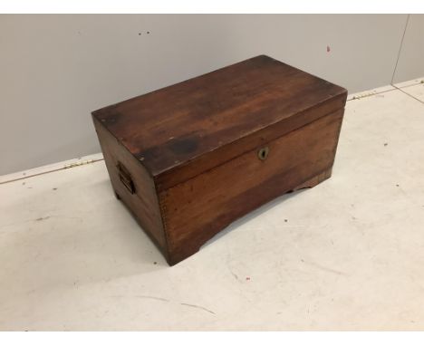 A small Anglo Indian hardwood trunk with fitted interior, width 69cm, depth 39cm, height 34cm. Condition - fair