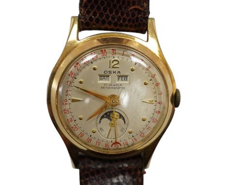 A gentleman's 1950's? steel and gold plated Oska Calendar Moonphase manual wind wrist watch, case diameter 32mm, on a later a