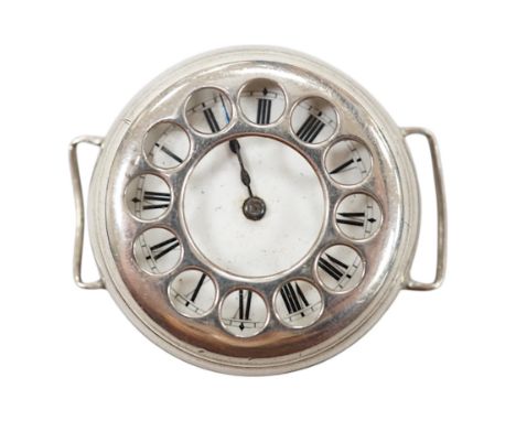 A George V silver manual wind trench watch with 'telephone dial' shrapnel guard, case import marked for London, 1917, case di
