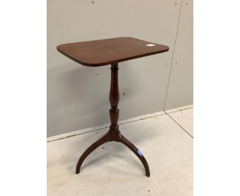 A Regency ebony strung mahogany tripod wine table on downswept legs, width 45cm, depth 33cm, height 72cm. Condition - fair, t
