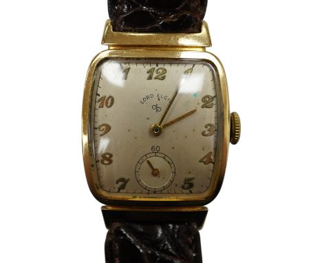A gentleman's 14k Lord Elgin manual wind wrist watch, with Arabic dial and subsidiary seconds, case diameter 25mm, on an asso