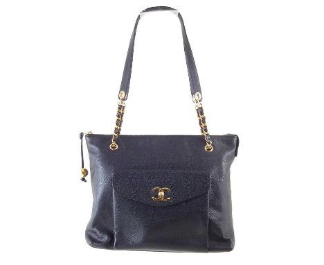 A Chanel CC Turnlock Shopping tote handbag, circa 1991-4, the black caviar leather, with front pocket and gold-tone double 'C