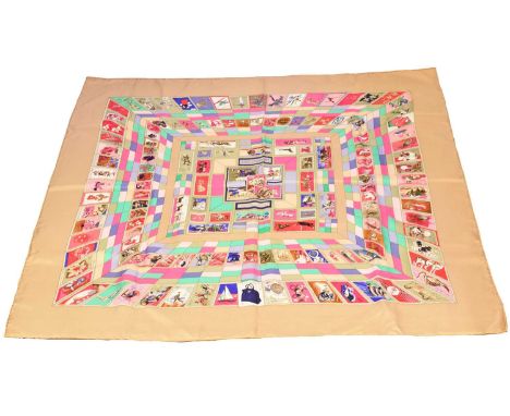 A Hermes "Correspondance" silk scarf by Cathy Latham, the pale pink ground with fuschia, green, blue, and tan pattern depicti