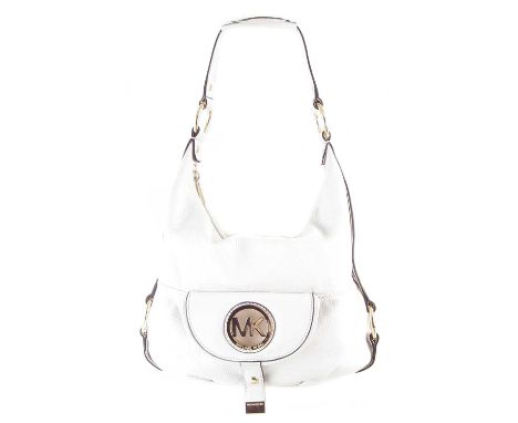 A Michael Kors Fulton Hobo handbag, the cream leather shoulder bag with central flap pocket and gold-tone MK logo detailing, 