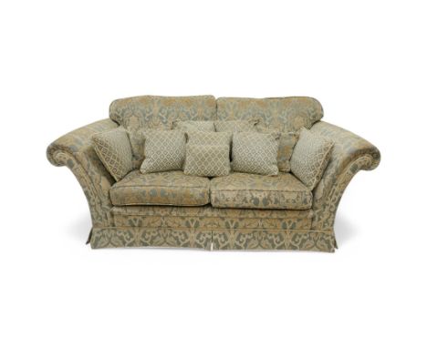 Hardwood-framed two-seat sofa, traditional shaped with arched back and rolled arms, upholstered in foliate pattern fabric Dim