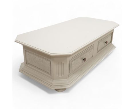 Light grey painted low coffee table, canted rectangular form fitted with two through drawers, on compressed bun feetDimension
