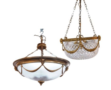 Late 20th century gilt metal ceiling light, circular form decorated with rams heads and swags, frosted glass bowl with bevell