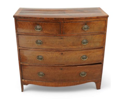 19th century mahogany bow-front chest, fitted with two short and three long graduating cock-beaded drawers, on bracket feet D