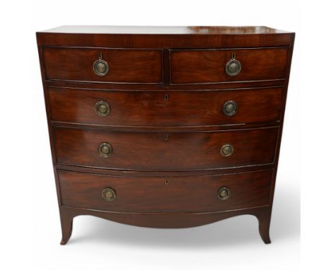 George III mahogany bow-fronted chest, fitted with two short over three long cock-beaded drawers, on bracket feetDimensions: 