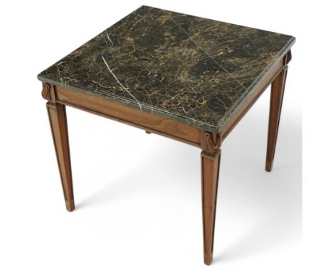 Mahogany and marble lamp table, square black and grey veined marble top with moulded top, on mahogany base with square taperi