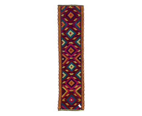 Flatweave geometric design runner rug, decorated with trailing lozenges decorated with hooked motifs, within zig-zag bands, b