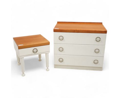 Mid-20th century cherry wood and white painted chest, fitted with three drawers (W77cm, H68cm, D46cm); together with a matchi