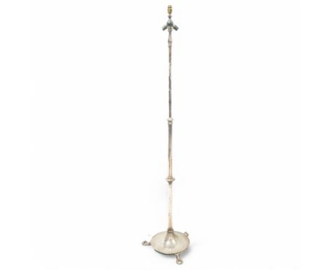 Early 20th century chrome plated telescopic standard lamp, one uplighter and two downlighters, on circular hammered base with