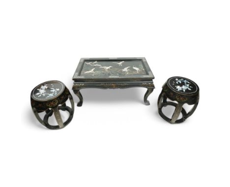 Japanese design black lacquered coffee table, rectangular top decorated with Shibayama style bird motifs (97cm x 56cm, H46cm)