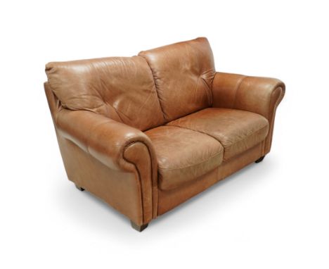 Two-seat hardwood-framed sofa, traditional shape with rolled arms, upholstered in tan leather, on block feetDimensions: Heigh