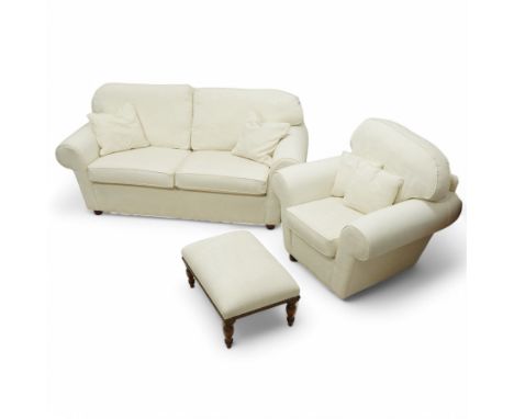 Large traditional shape two-seat sofa (W213xm, H101cm, D94cm); together with matching armchair (W116cm); and footstool (53cm 