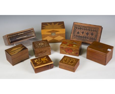 A collection of mainly 20th century wooden boxes, including a Sorrento ware box in the form of a stack of books, width 12cm, 