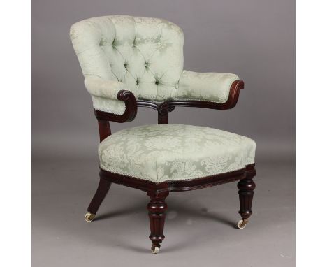 A mid-Victorian mahogany framed armchair, probably by Holland &amp; Sons, one rear leg stamped with 'GRV' royal cypher and pa