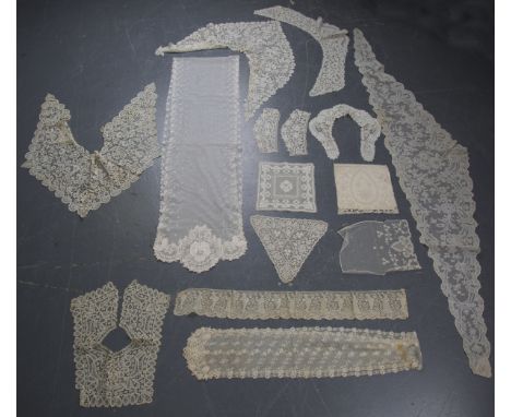 A group of mainly 19th century lacework items, including Honiton lace collars and headpieces, a long net stole and a length o