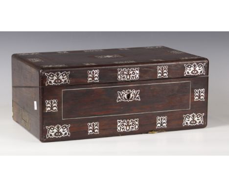 A Victorian rosewood and mother-of-pearl inlaid writing slope, width 41cm, together with two similar writing slopes, a Victor