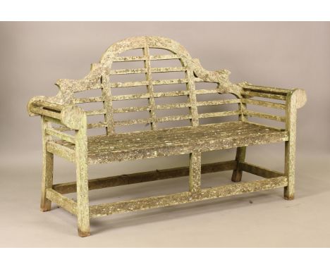 A 20th century slatted wooden garden bench, after a design by Edwin Lutyens, height 105cm, width 167cm, depth 63cm.Buyer’s Pr