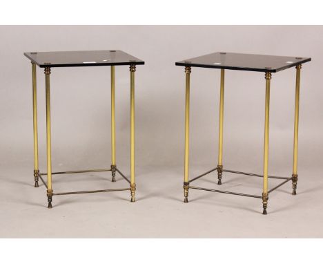 A pair of mid-20th century gilt brass and smoky glass lamp tables, height 46cm, width 33.5cm.Buyer’s Premium 29.4% (including