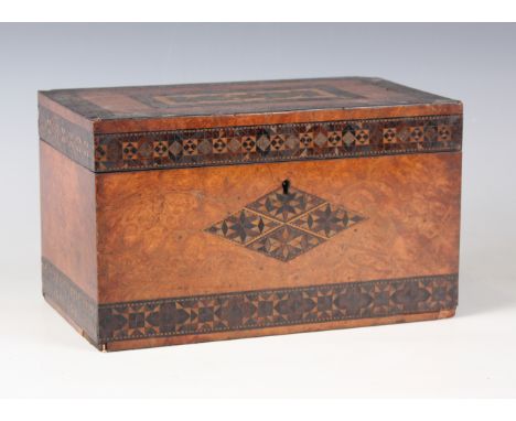 A late Victorian Tunbridge ware style amboyna tea caddy with inlaid geometric bands, width 24.5cm (faults), together with a M