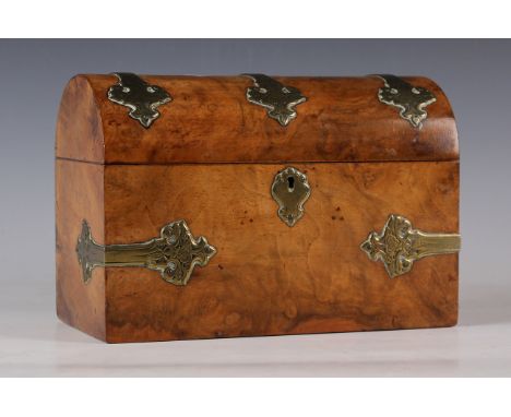 A late Victorian burr walnut letter casket with brass strapwork, the domed lid revealing an interior later fitted for letters