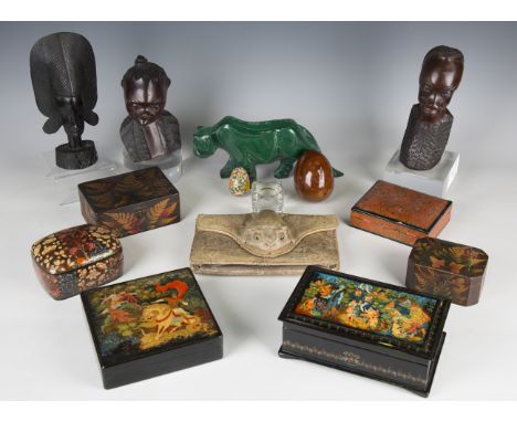 A group of collectors' items, including a Russian Palekh style papier-mâché box, width 19cm, another Russian box, two fern wa