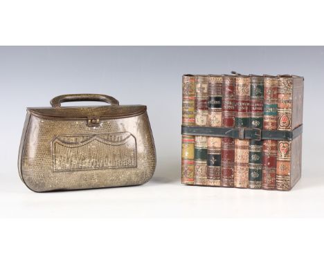 A Huntley &amp; Palmers novelty biscuit tin in the form of a snake skin satchel, width 20cm, together with a Huntley &amp; Pa
