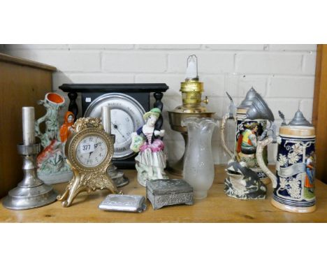 Barometer, oil lamp, beer steins, Staffordshire figures, clock etc 