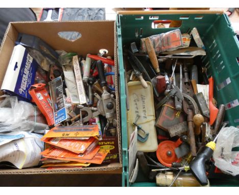 Two large boxes of hand tools, drill bits etc 