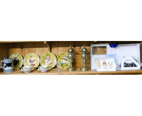 A pair of brass candle lamps Hummel club figurines, fruit wall plates etc 