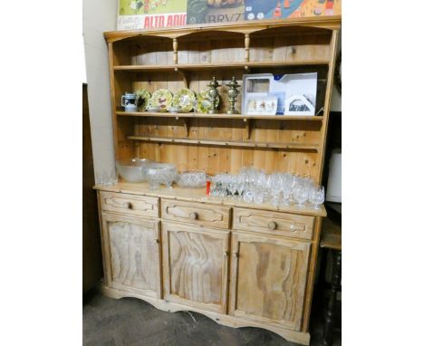 Stripped pine Welsh style dresser with shelf back, drawers and cupboards under, 5' wide 