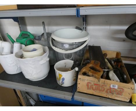 A quantity of galvanized buckets, watering can, pots,. box of hand tools etc 