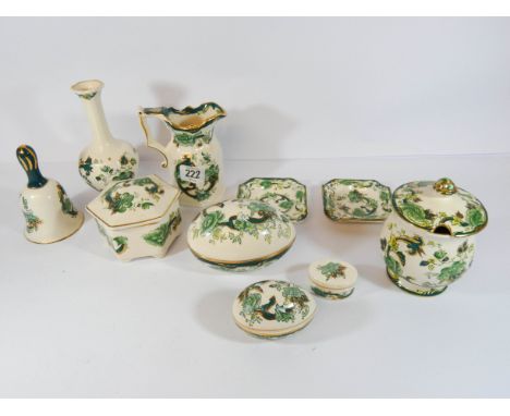 A collection of Masons ironstone chartreuse patterned china to include trinket boxes, egg shaped boxes, small vases, jugs etc