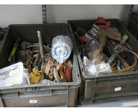 Three very large boxes of old hand tools, old winch, pumps etc 