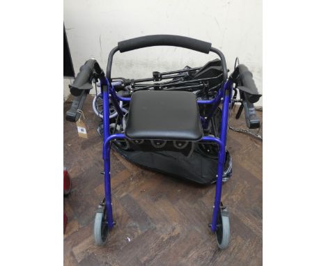 A fold up light weight push along mobility scooter and a four wheel zimmer frame with seat, breaks etc 