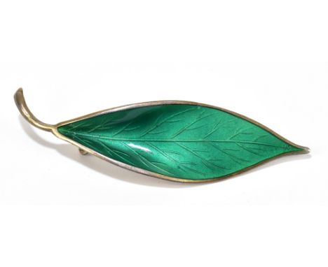 DAVID ANDERSEN; a sterling silver and green enamelled leaf moulded brooch, length 70mm, approximately 7.7g. Additional Inform