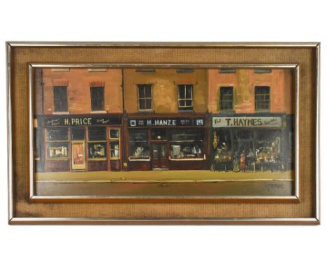 M JEFFRIES; oil on board, High Street, signed lower right, 60 x 29cm. (D)Additional InformationThis lot qualifies for Artist 