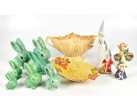 Seven Sylvac green glazed rabbits, three Goebel figures, Maling bowl, Sylvac planter, floral bowl, and a Lladro figure.&nbsp;