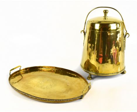 An early 20th century copper coal bucket and cover, with ball finial and feet, height 42cm, and an Arts and Crafts style hamm